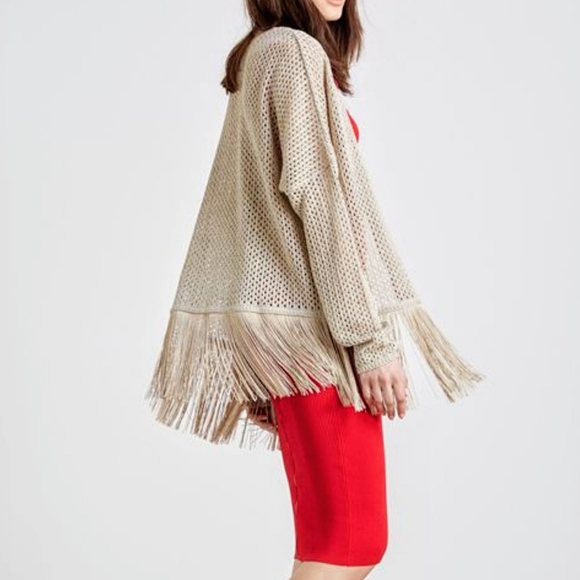 Liu Jo Cardigan Open Metallic Knit Fringe Semi Sheer Lightweight Brown L NWT - Picture 7 of 8